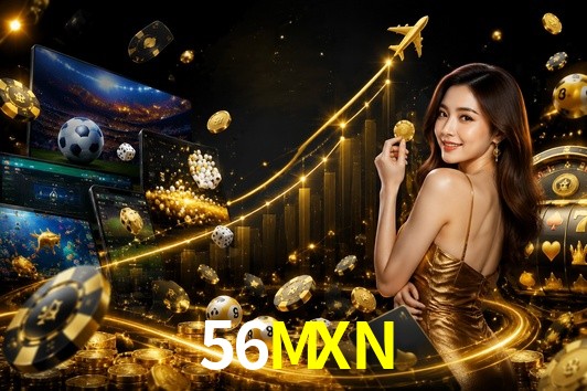 Una escena digital vívida inspirada en casino con 56MXN mostrado prominentemente, luces brillantes, fichas, cartas y acentos dorados.