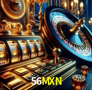 Escena dinámica inspirada en casino con iluminación 56MXN, cartas, fichas e íconos de juegos digitales en un espacio moderno de juegos.