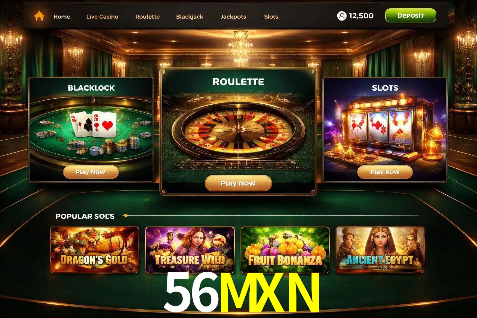 Vista de la plataforma 56MXN Casino mostrando categorías organizadas de juegos en línea