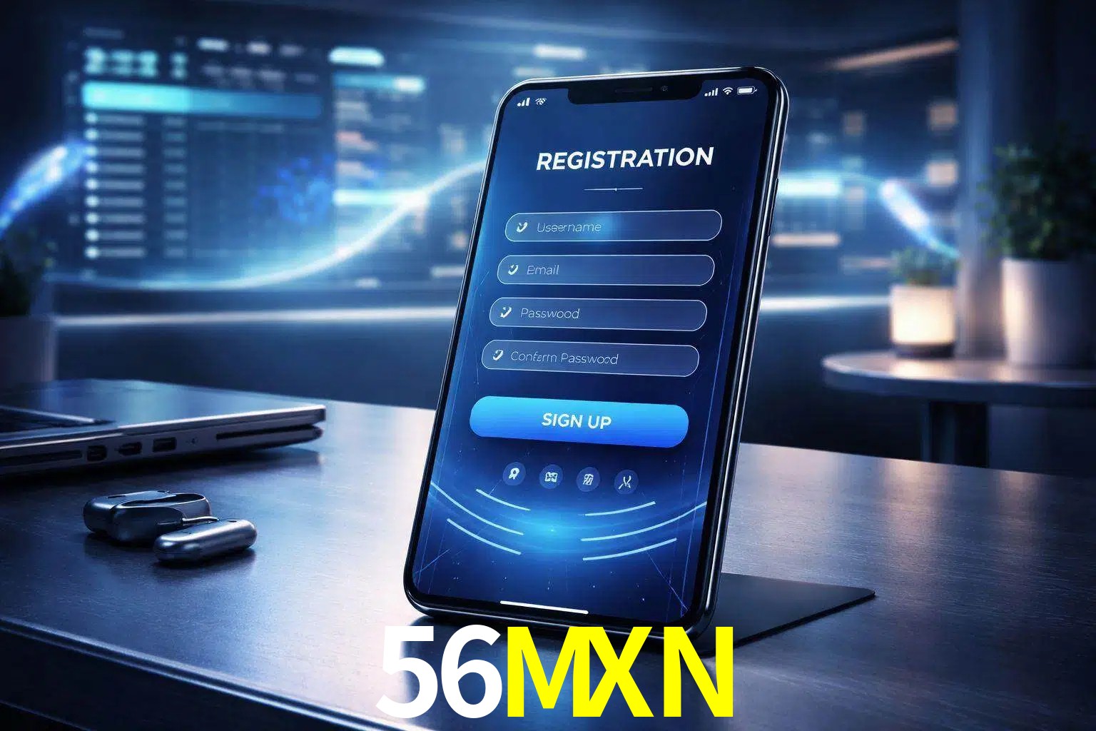 Una interfaz moderna de registro móvil para 56MXN mostrada en un smartphone con un panel de apuestas elegante.